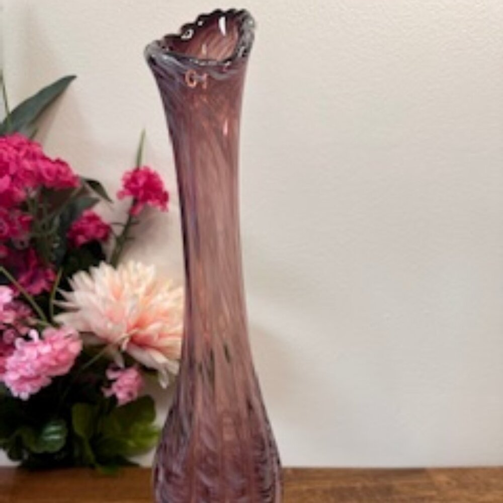 Vintage Amethyst Hand Blown Glass Swing Vase Ruffled Top Purple Art Glass Decor